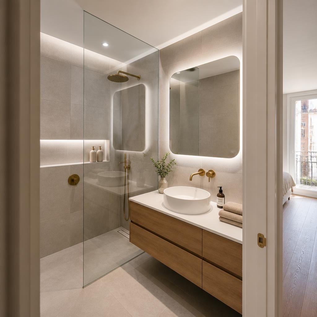 Reforma de baño con ducha de obra y porcelánico de gran formato en Sant Martí, Barcelona, por Llar Nova