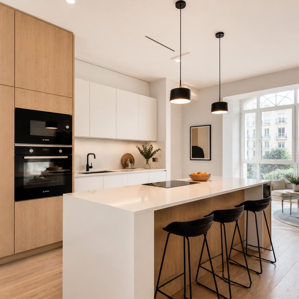 Reforma de cocina moderna con isla y encimera de cuarzo en Gràcia, Barcelona, realizada por Llar Nova