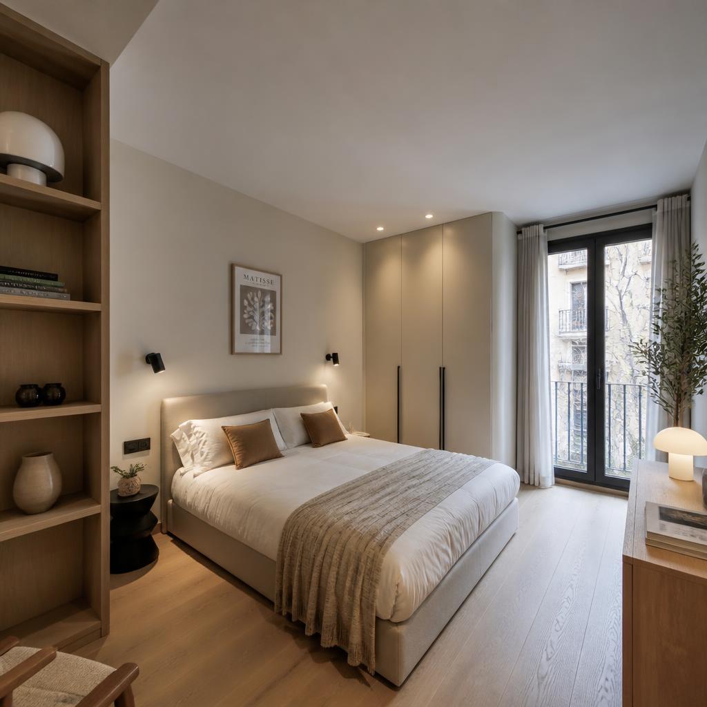 Dormitorio reformado con armario empotrado a medida y parquet de roble en Les Corts, Barcelona, por Llar Nova
