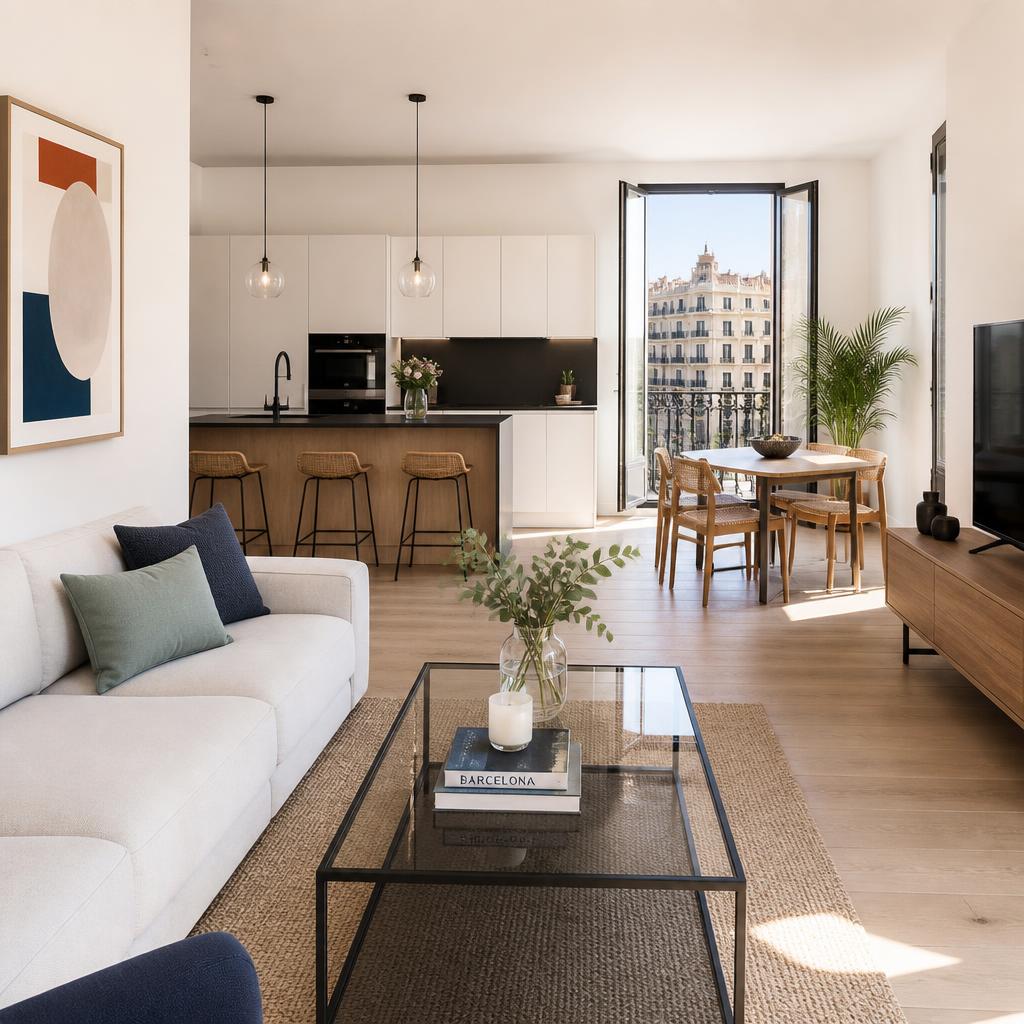 Reforma integral de piso en el Eixample, Barcelona: salón con cocina abierta, suelo de roble e instalación eléctrica nueva por Llar Nova