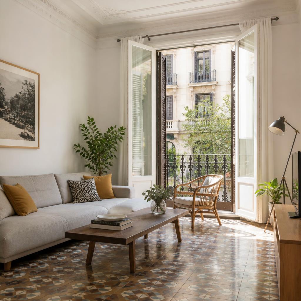 Salón reformado con mosaico hidráulico restaurado y molduras en Ciutat Vella, Barcelona, por Llar Nova
